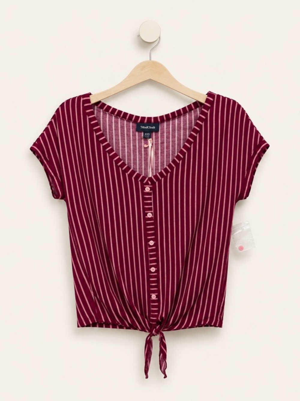 NWT ModCloth Timely Arrival Tie Waist Top -
Red and Pink Stripes